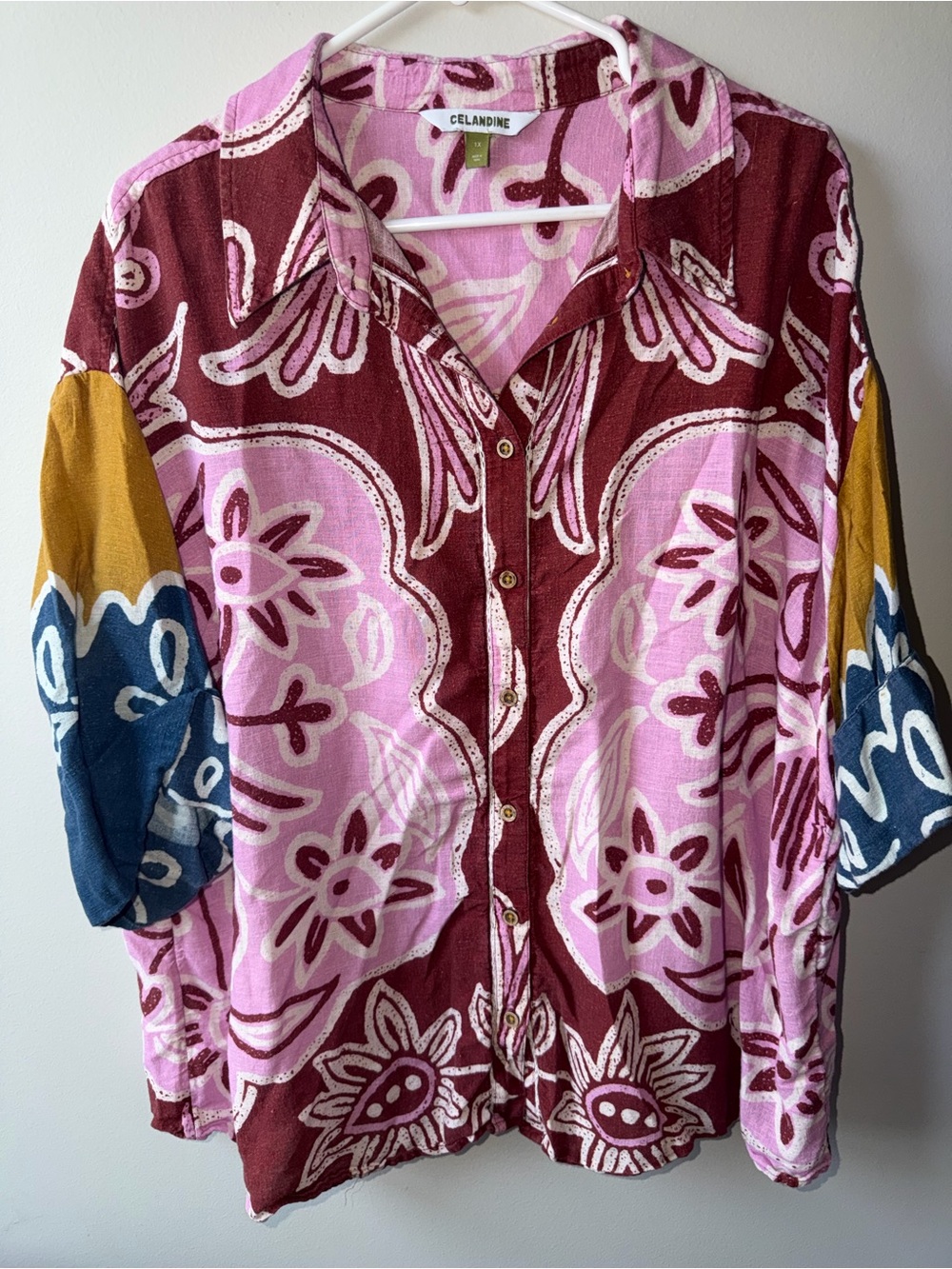 Celandine Pink & Burgundy Floral Button-Up Blouse with Colorblock Sleeves
